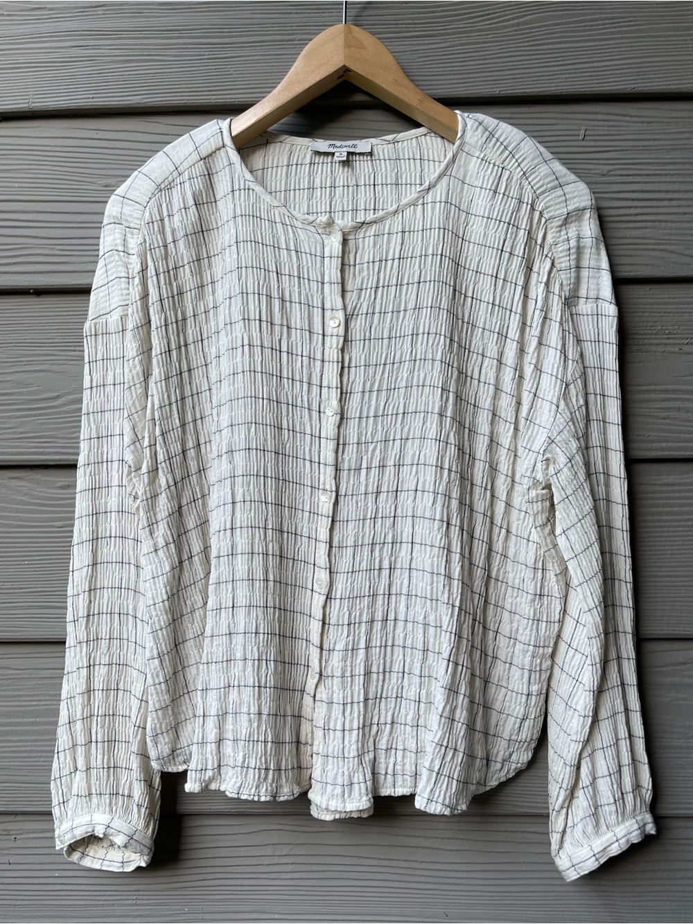 Madewell White Grid Button-Front Crinkle Top